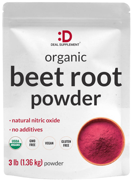 DEAL SUPPLEMENT Organic Beet Root Powder jar with a clean background; supports natural energy.