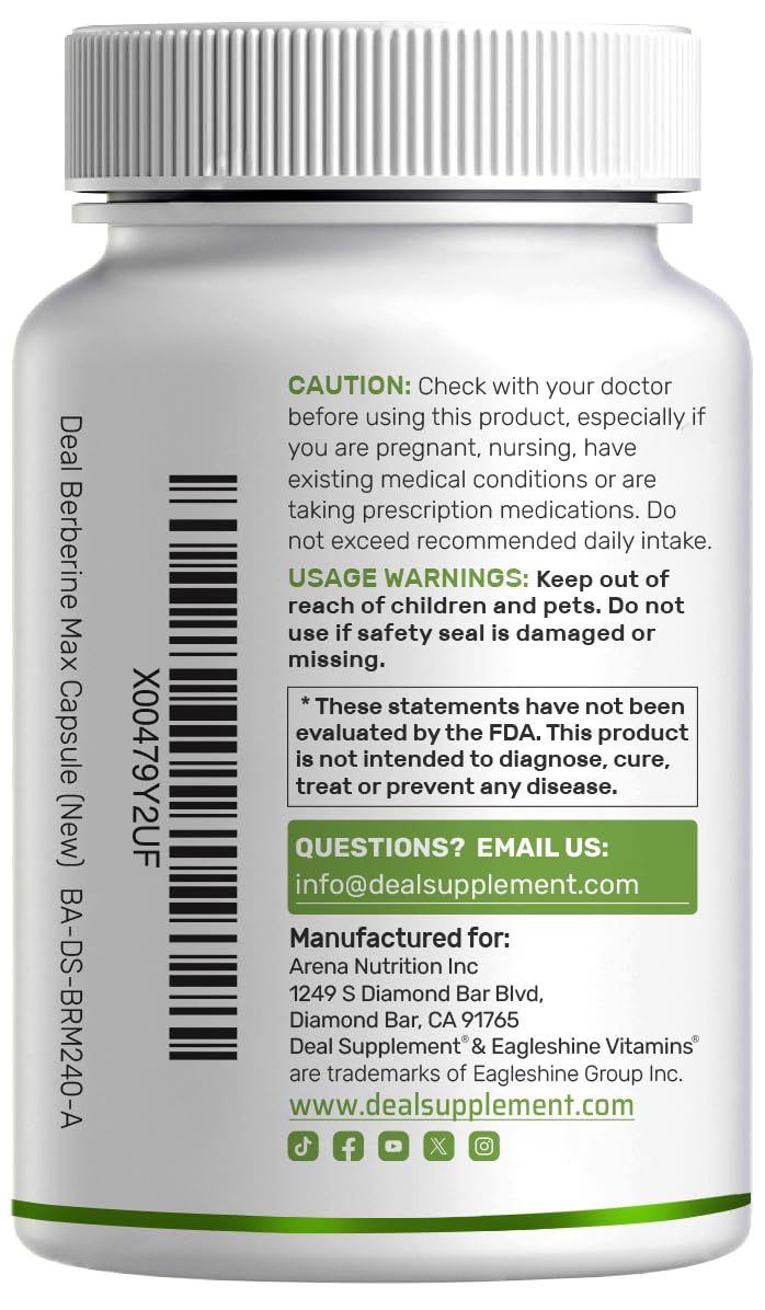 DEAL SUPPLEMENT Berberine Max bottle back shows serving size and notes
