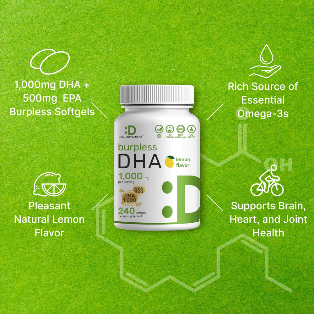 DEAL SUPPLEMENT burpless softgels reduce fishy aftertaste for a true DHA experience