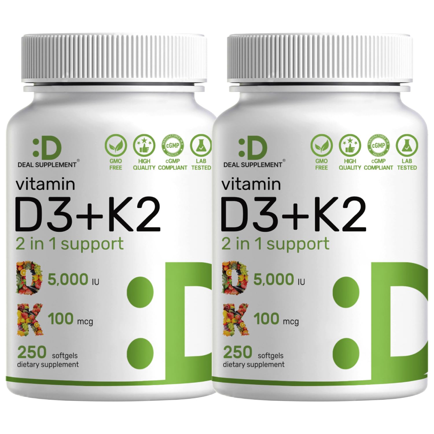 DEAL SUPPLEMENT D3 K2 softgel bottle label highlighting bone support