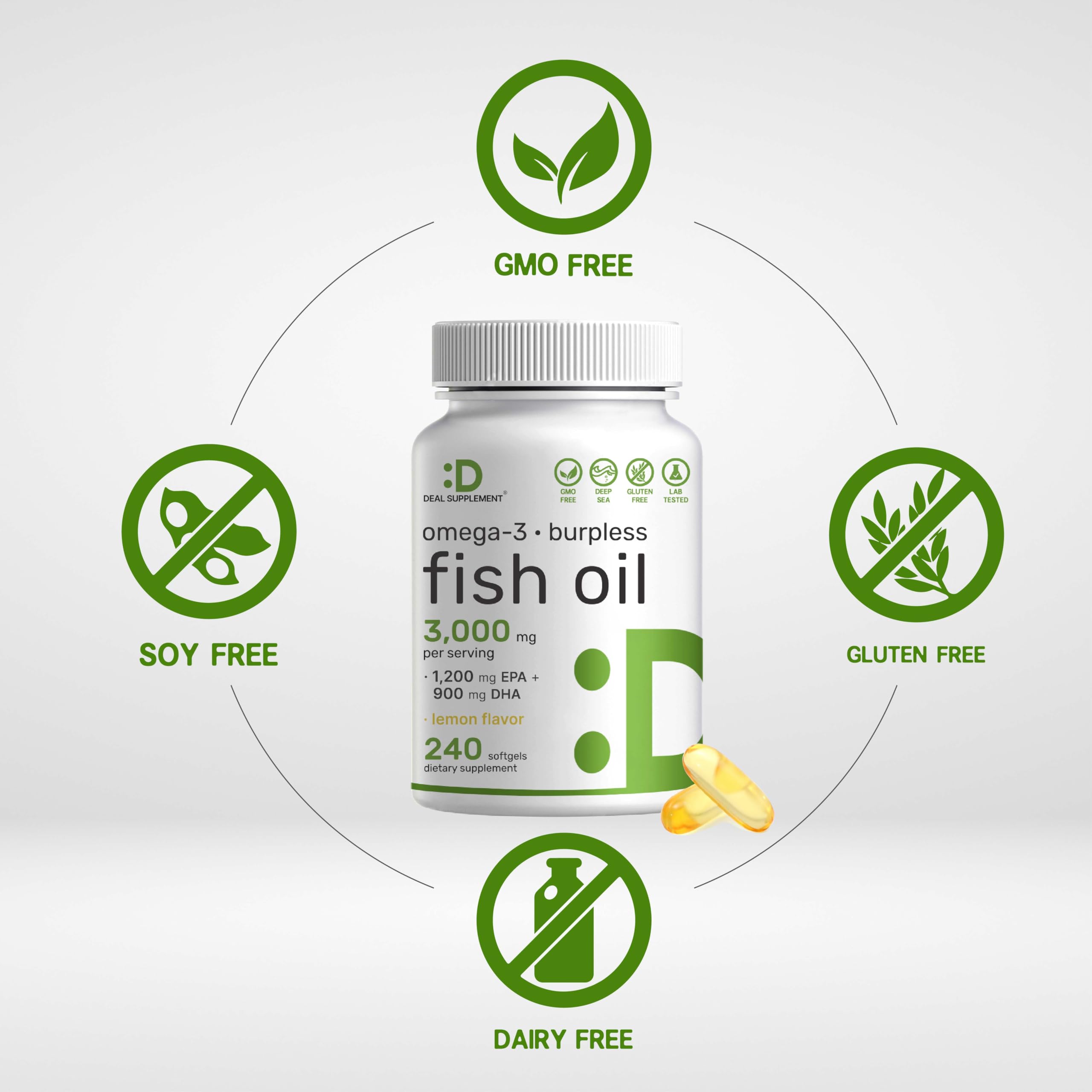 DEAL SUPPLEMENT omega-3 bottle showing 1200 mg EPA and 900 mg DHA.