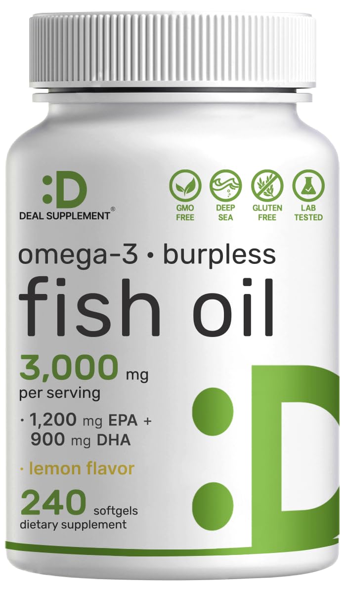 DEAL SUPPLEMENT Omega-3 softgels bottle with lemon flavor for daily brain and heart support.