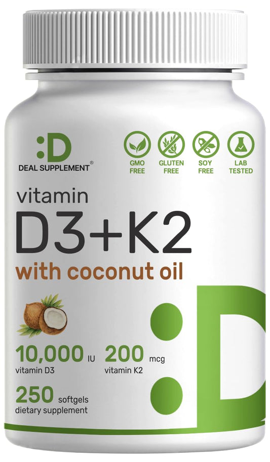 Deal Supplement Vitamin D3 K2 softgels bottle for daily wellness with coconut oil carrier.