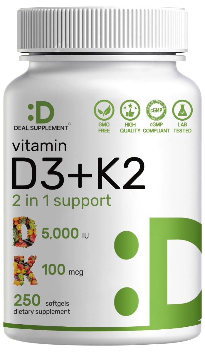 DEAL SUPPLEMENT Vitamin D3-K2 softgels bottle for daily calcium support.