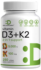 DEAL SUPPLEMENT Vitamin D3-K2 softgels bottle for daily calcium support.