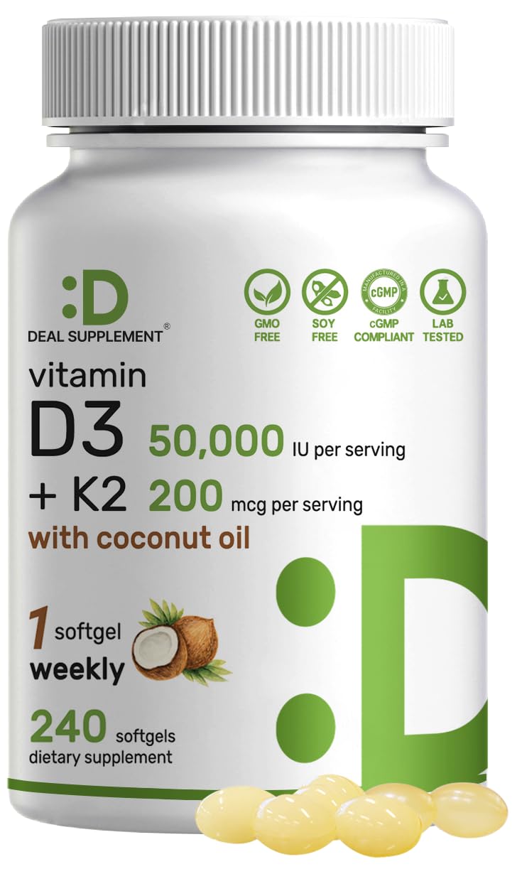 DEAL SUPPLEMENT Vitamin D3 K2 softgels bottle shows weekly support for bone and immune health
