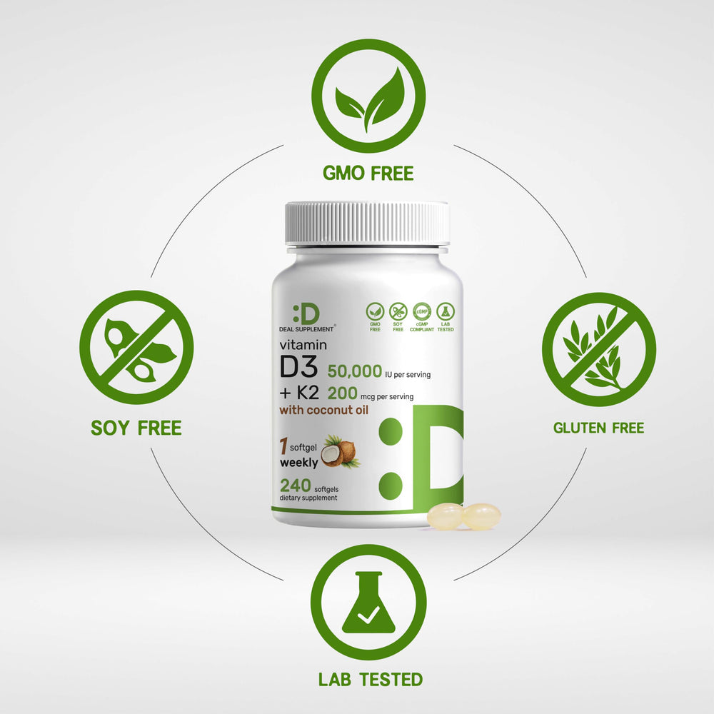 DEAL SUPPLEMENT Vitamin D3 K2 softgels label close‑up highlights MK7 and coconut oil carrier