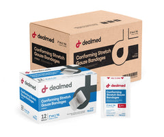 Dealmed 2-inch sterile conforming gauze bandages ready for wound care