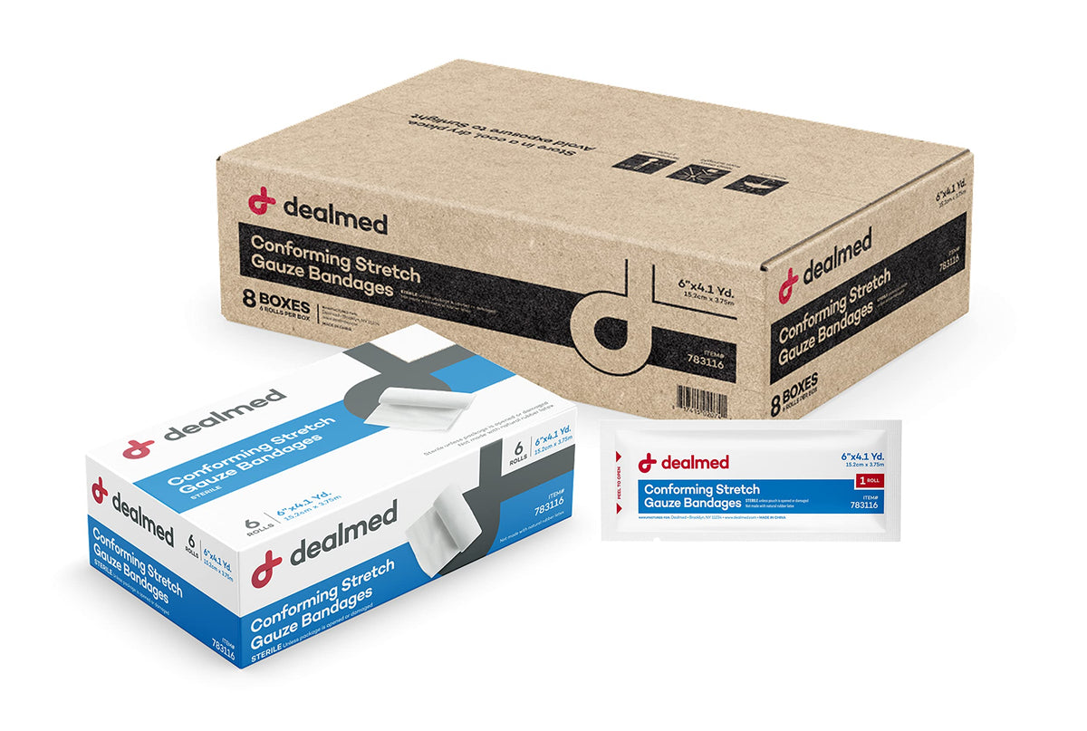 Dealmed 6-inch sterile conforming gauze bandage roll for secure wound coverage.