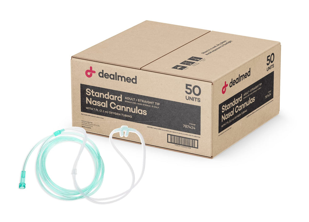 Dealmed adult nasal cannula with straight 7 ft tubing in soft green for easy oxygen delivery.