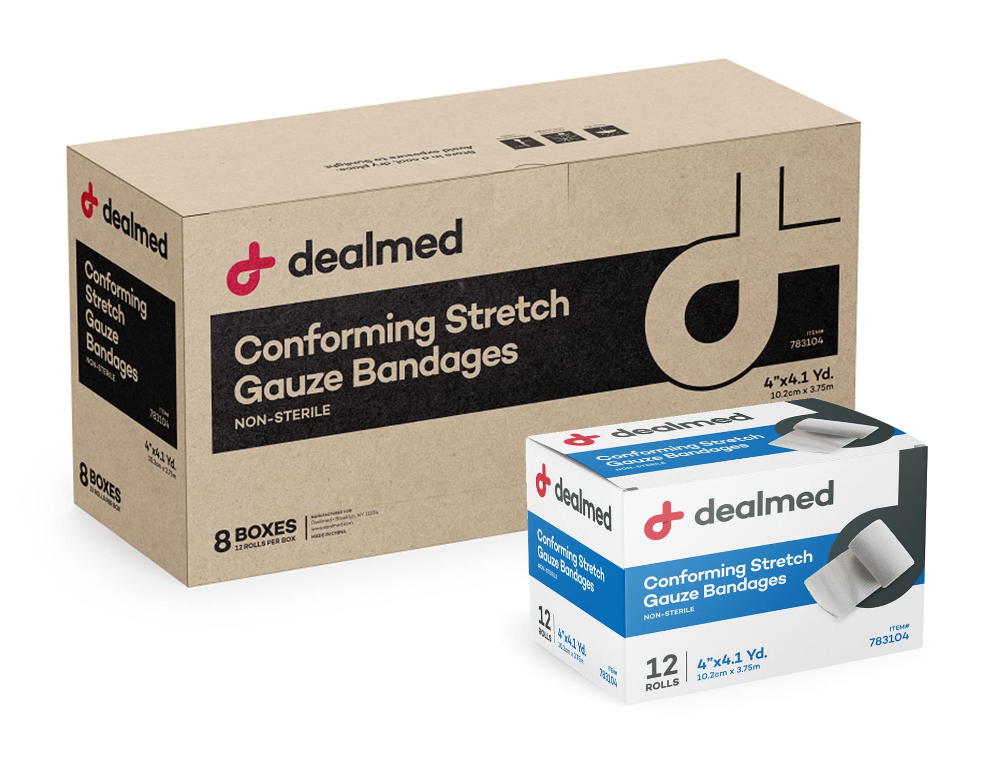 Dealmed 4-inch stretch gauze bandage in box for quick, accessible wound coverage.