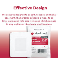 Dealmed non-stick center pad protects wounds while absorbing fluids.