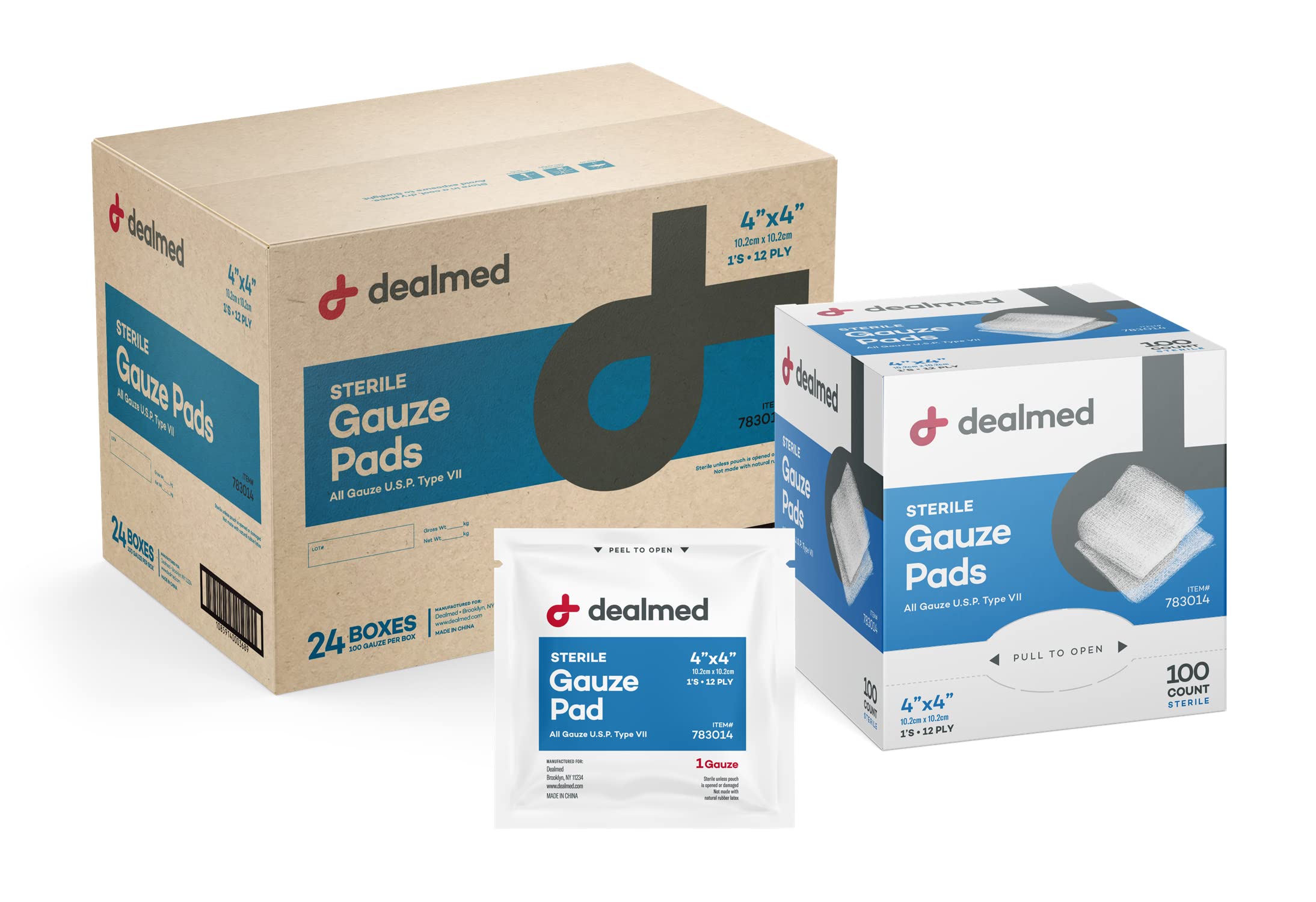 Dealmed 4x4 sterile gauze pad stack ready for quick wound care applications.