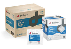Dealmed 4x4 sterile gauze pad stack ready for quick wound care applications.