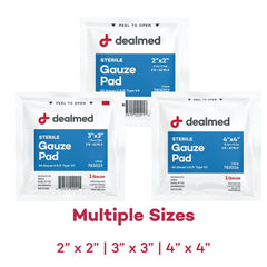 Dealmed gauze pad size variety 2x2, 3x3, and 4x4 options.