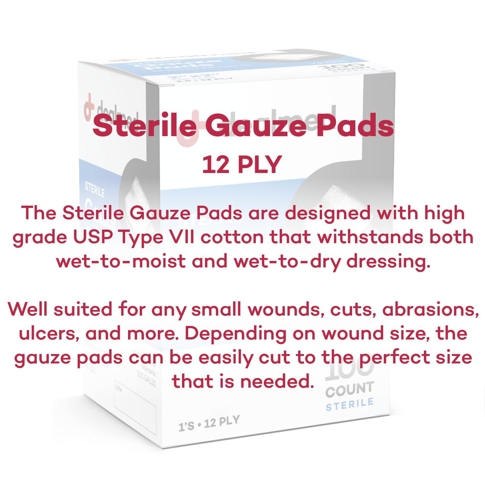 Individually wrapped Dealmed gauze pads in sterile packaging.