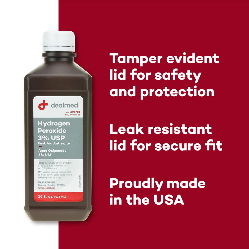Dealmed 3% hydrogen peroxide used for wound cleaning in first aid kits