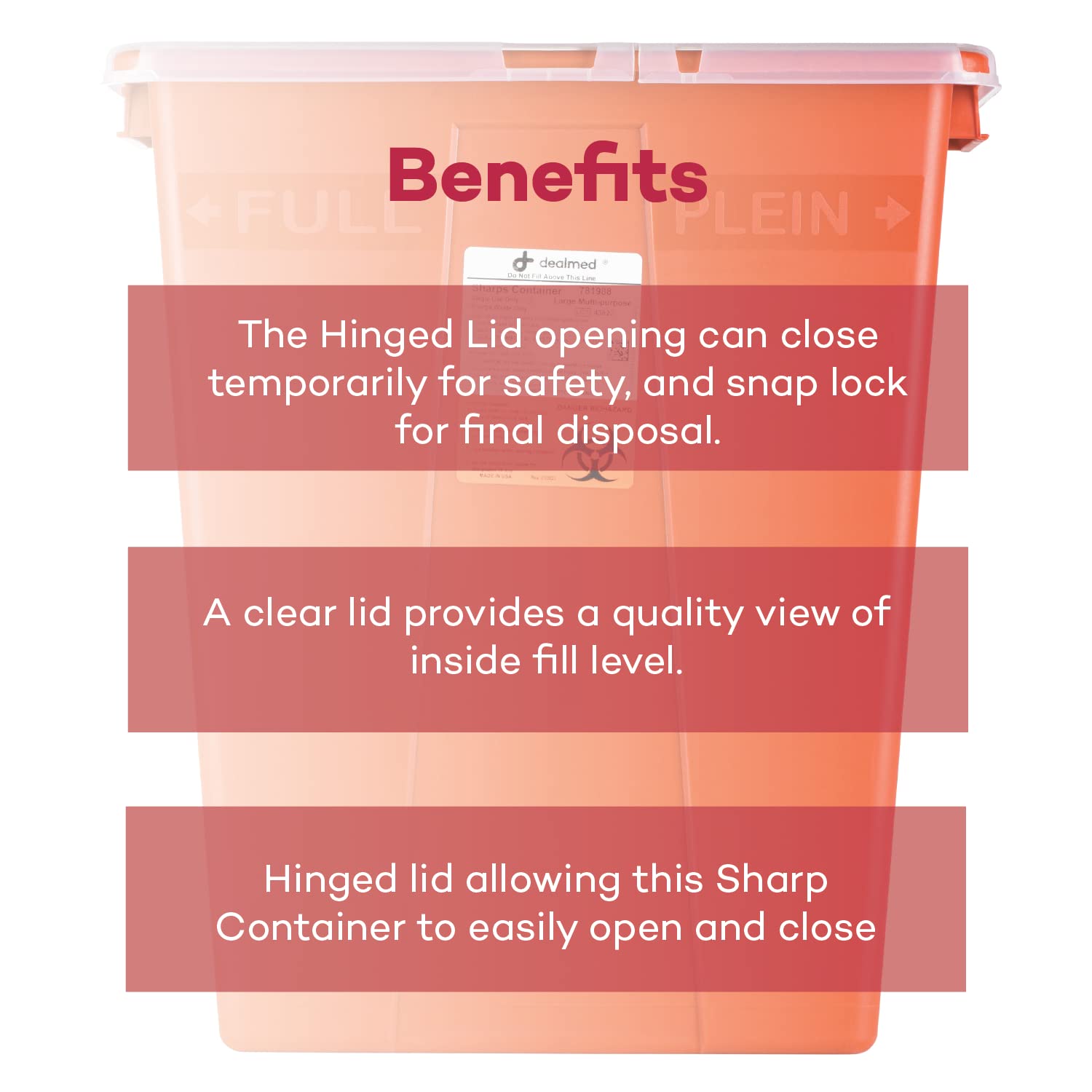 Dealmed sharps container 8G lid-open view shows quick, secure closure