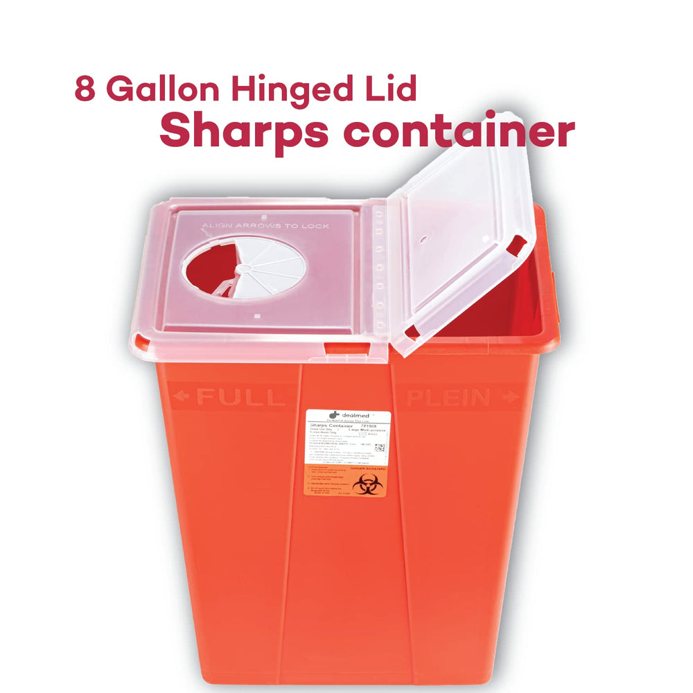 Dealmed sharps container 8G side view highlights easy one-handed access