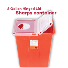 Dealmed sharps container 8G side view highlights easy one-handed access