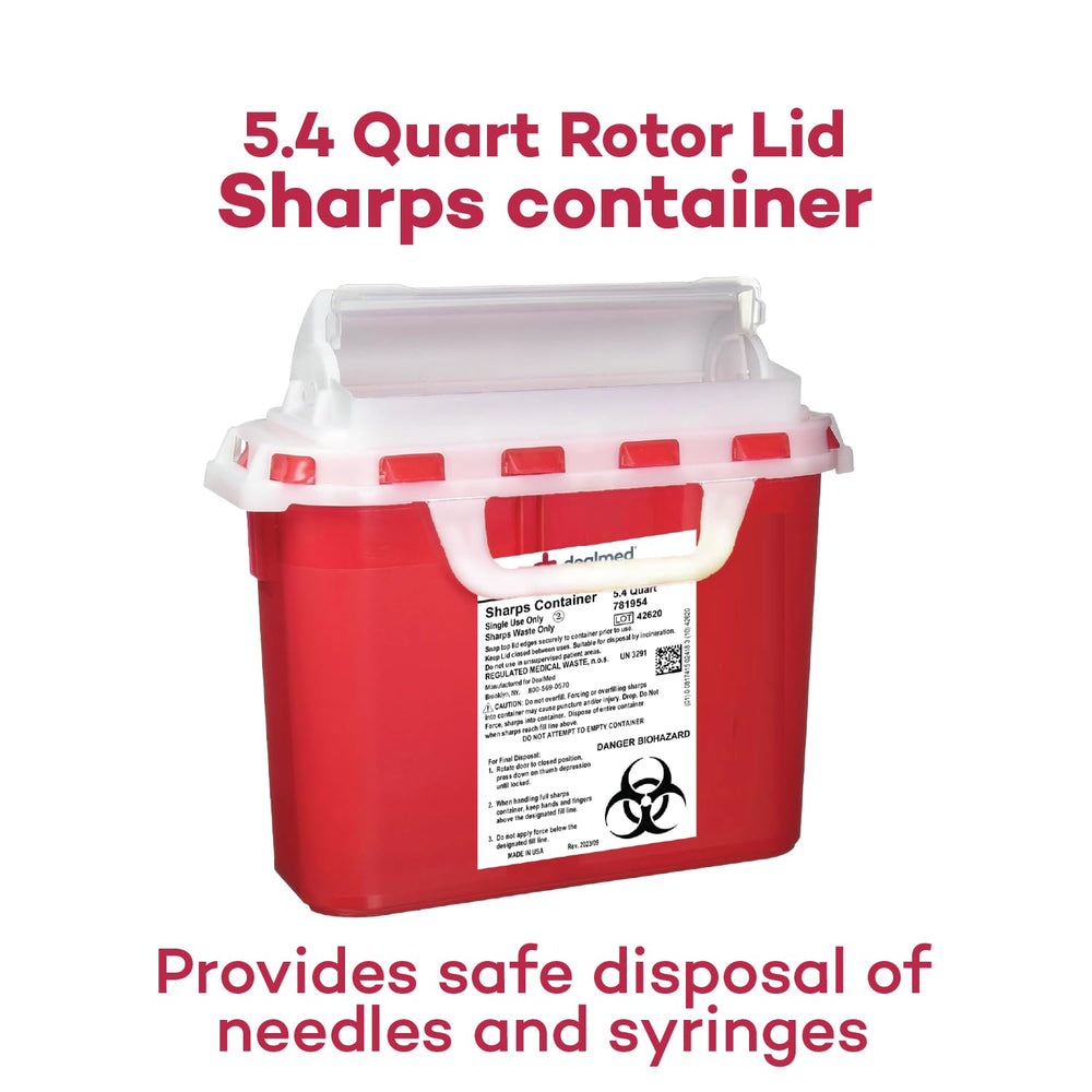 Dealmed 5.4 qt capacity sharps container for high-volume clinical disposal.