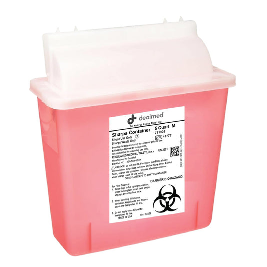 DealMed Sharps Container mailbox lid opening for quick, safe disposal.