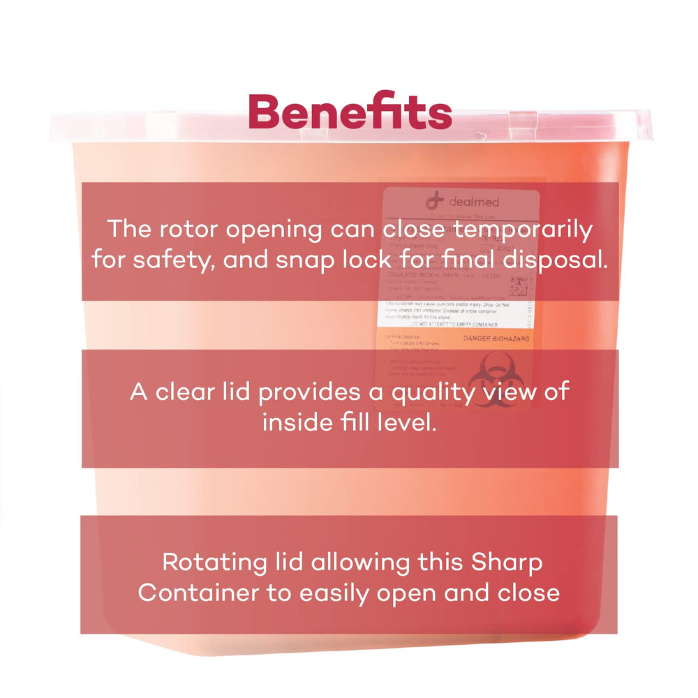 Dealmed puncture resistant sharps container with translucent red body for fill monitoring