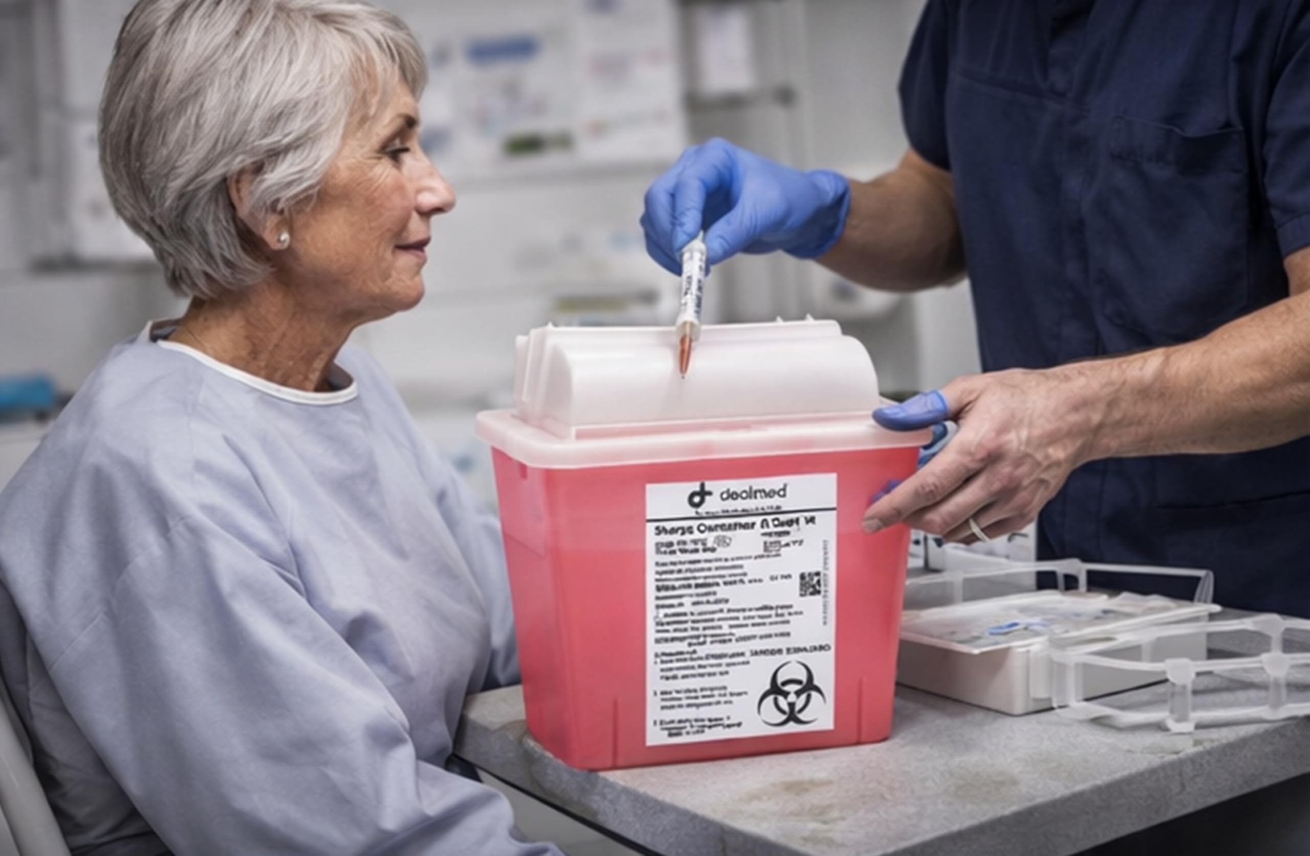 DealMed Sharps Container durable polypropylene body for repeated use.