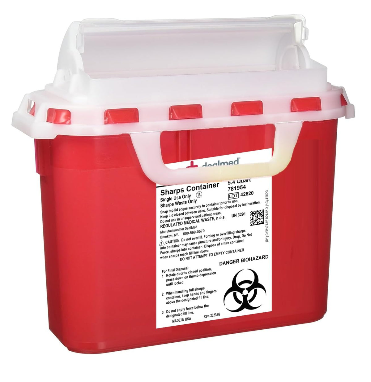 Dealmed sharps container with rotor lid enables safe one-handed operation.