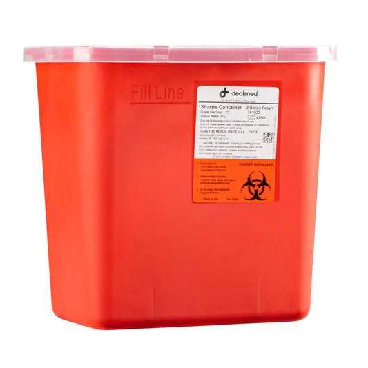 Dealmed sharps container rotor opening for one-handed disposal in busy clinics