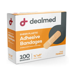 Dealmed Sheer Bandages close-up shows non-stick pad and flexible adhesion.