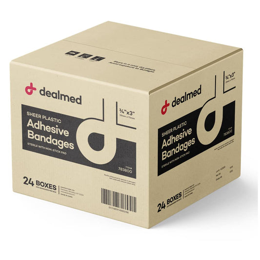 Dealmed Sheer Plastic Bandages pack with non-stick pad for clean wounds.