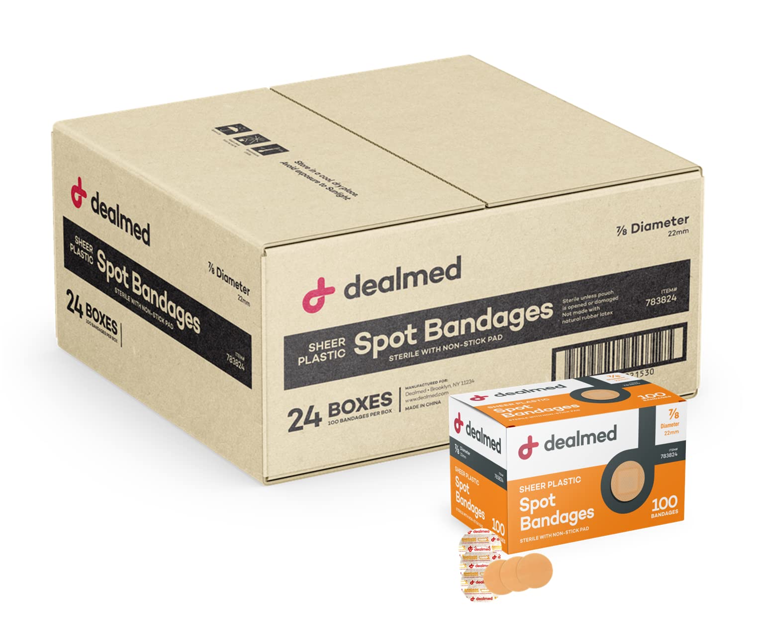 Dealmed sheer plastic spot bandages packaging shows clean, sterile protection for small wounds.