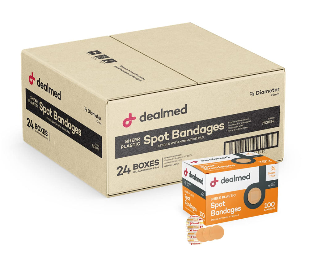 Dealmed sheer plastic spot bandages packaging shows clean, sterile protection for small wounds.