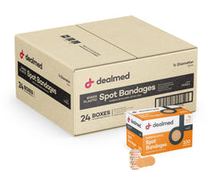 Dealmed sheer plastic spot bandages packaging shows clean, sterile protection for small wounds.