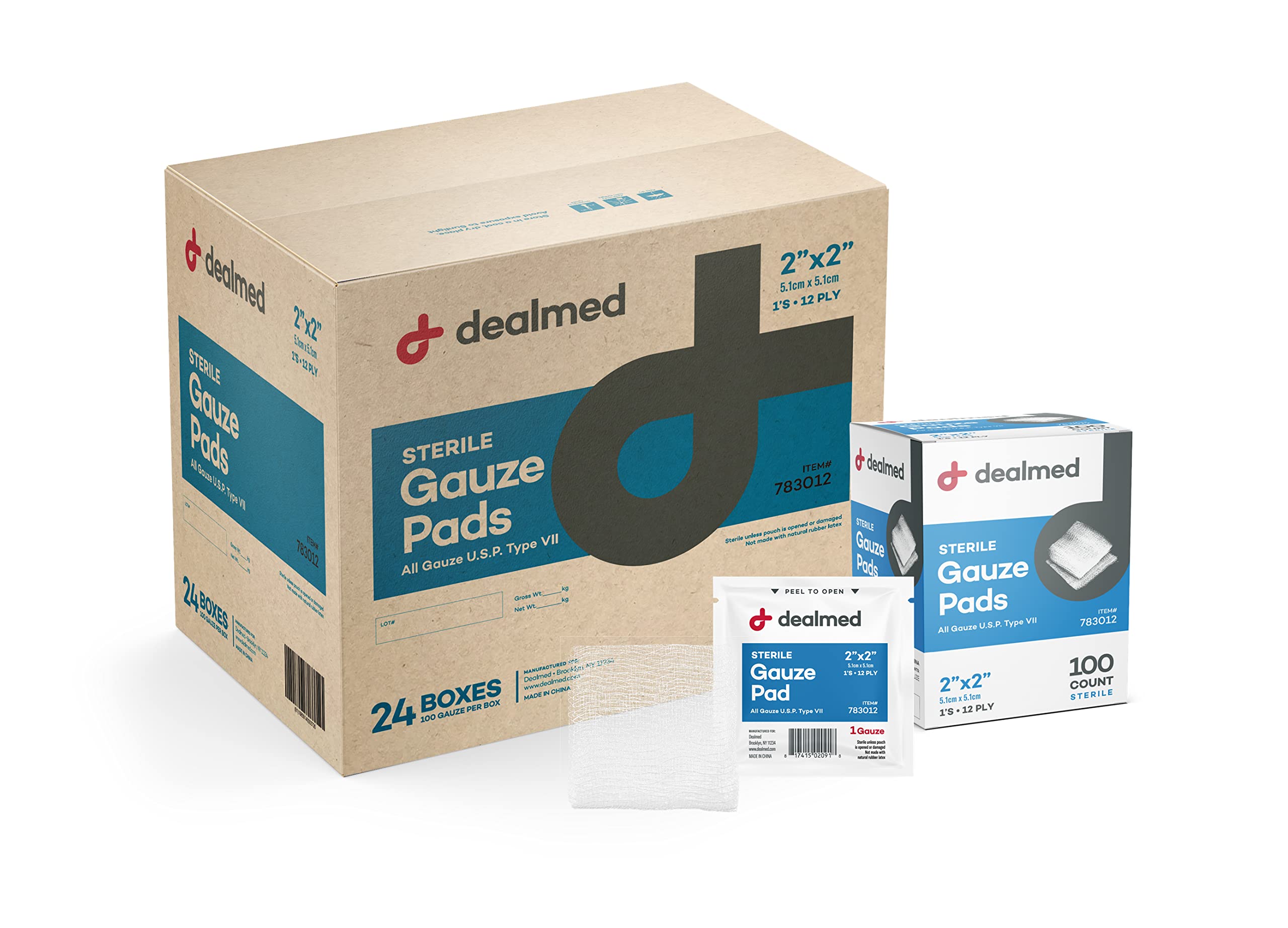 Dealmed 2x2 sterile gauze pad in a dispenser packet for quick first aid
