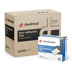 Dealmed sterile non-adherent pads in a box, ready for quick wound care with easy opening.
