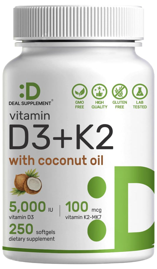 DEAL SUPPLEMENT Vitamin D3 K2 softgels bottle for easy daily intake and absorption