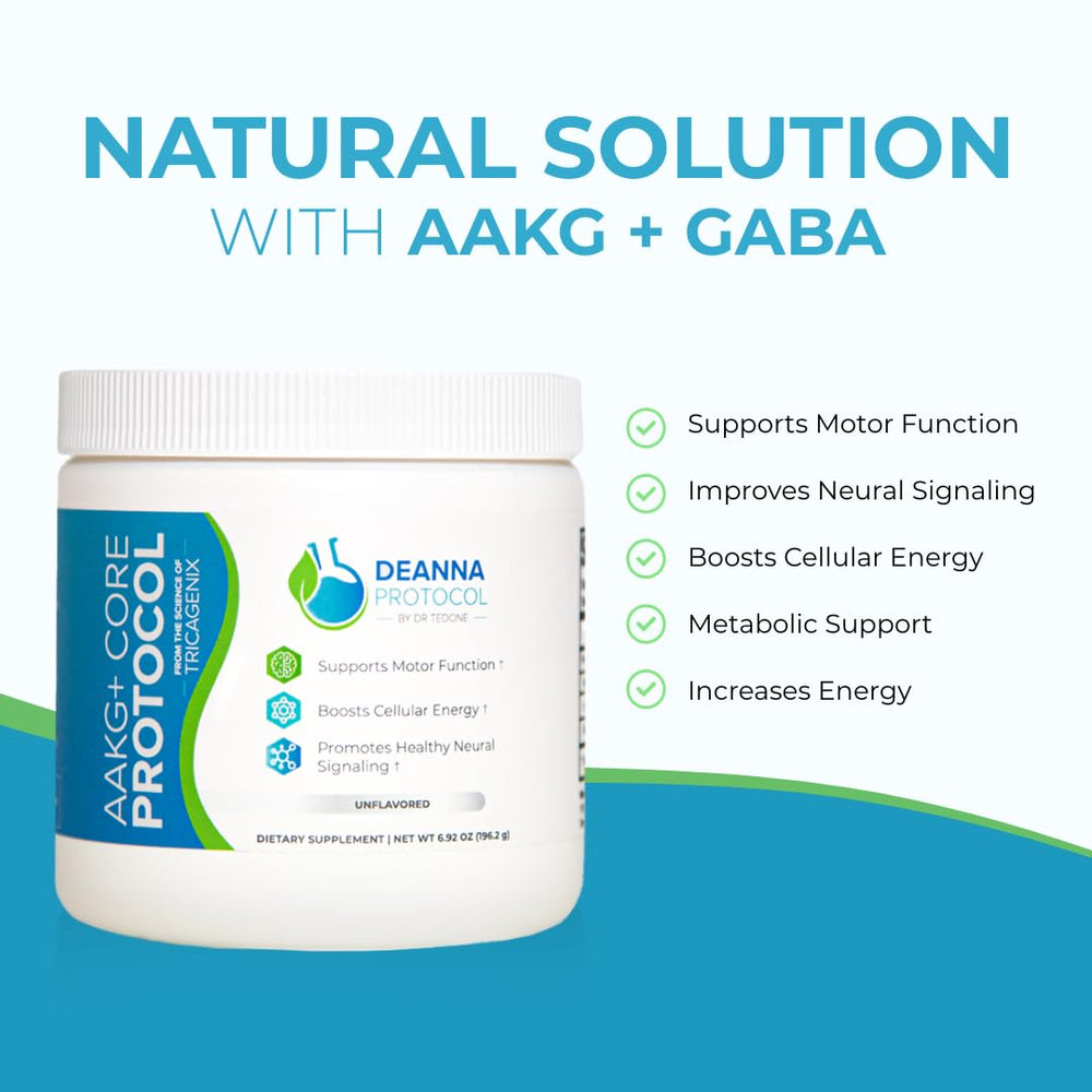 Deanna Protocol AAKG+ Core Powder scoop beside bottle highlights convenient serving and dosing.