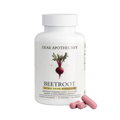 Dear Apothecary beetroot capsules bottle front view highlights vegan and gluten-free daily use.