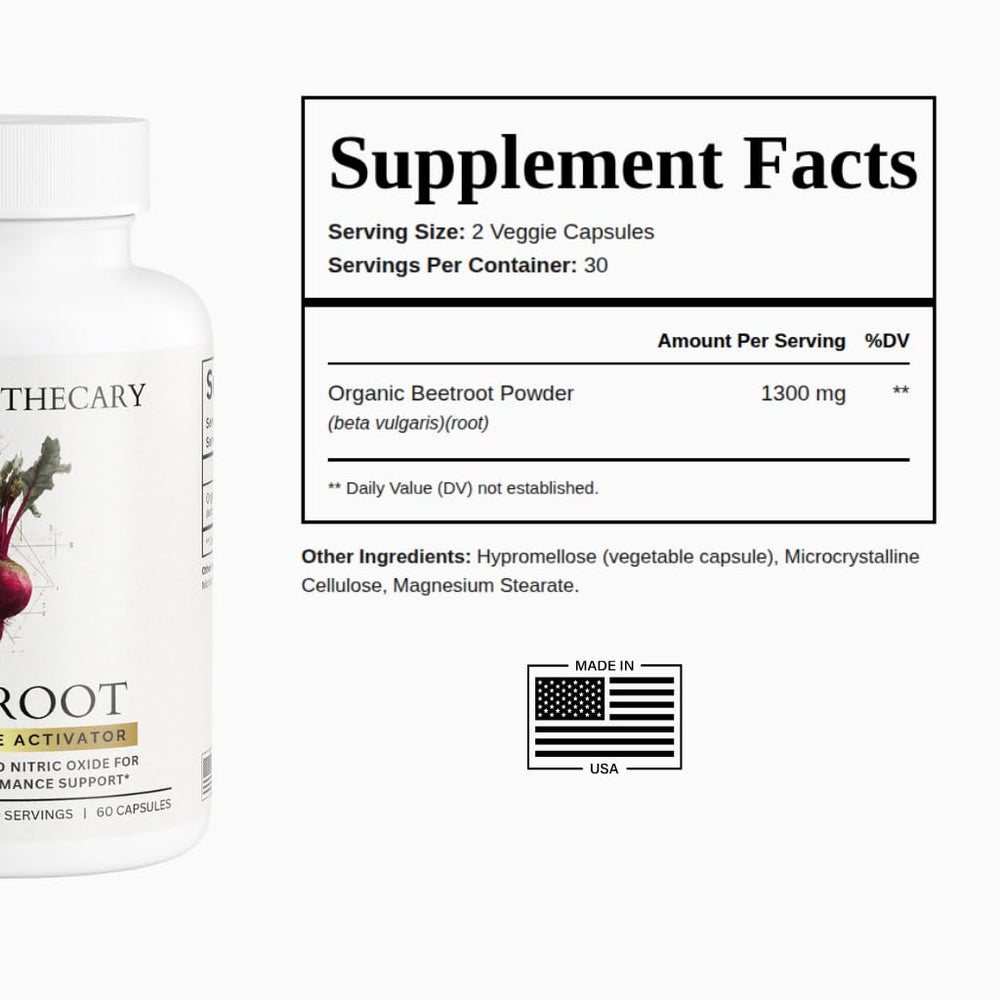 Dear Apothecary beetroot capsules label detail shows non-GMO and vegan certifications.