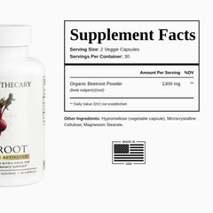 Dear Apothecary beetroot capsules label detail shows non-GMO and vegan certifications.