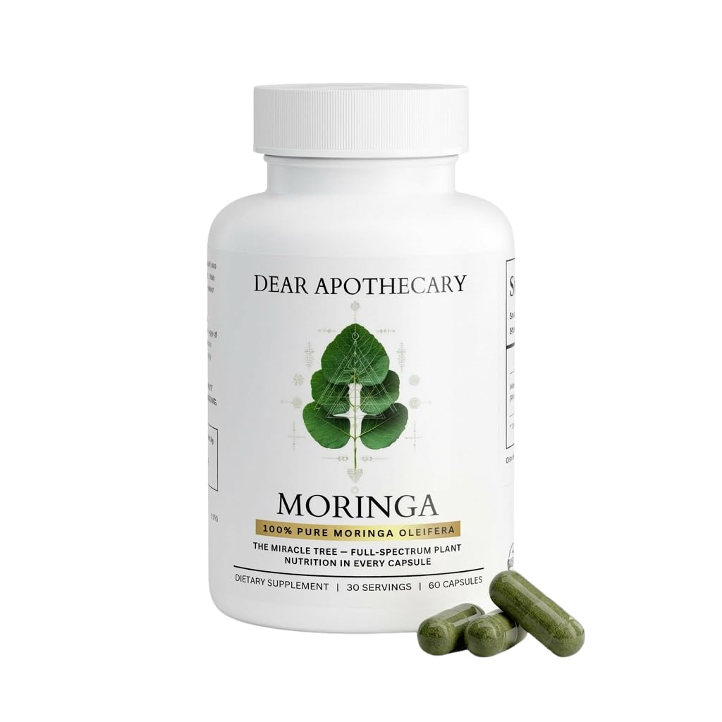 Dear Apothecary Moringa capsules bottle front with a clean label for daily nutrient intake