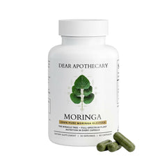 Dear Apothecary Moringa capsules bottle front with a clean label for daily nutrient intake