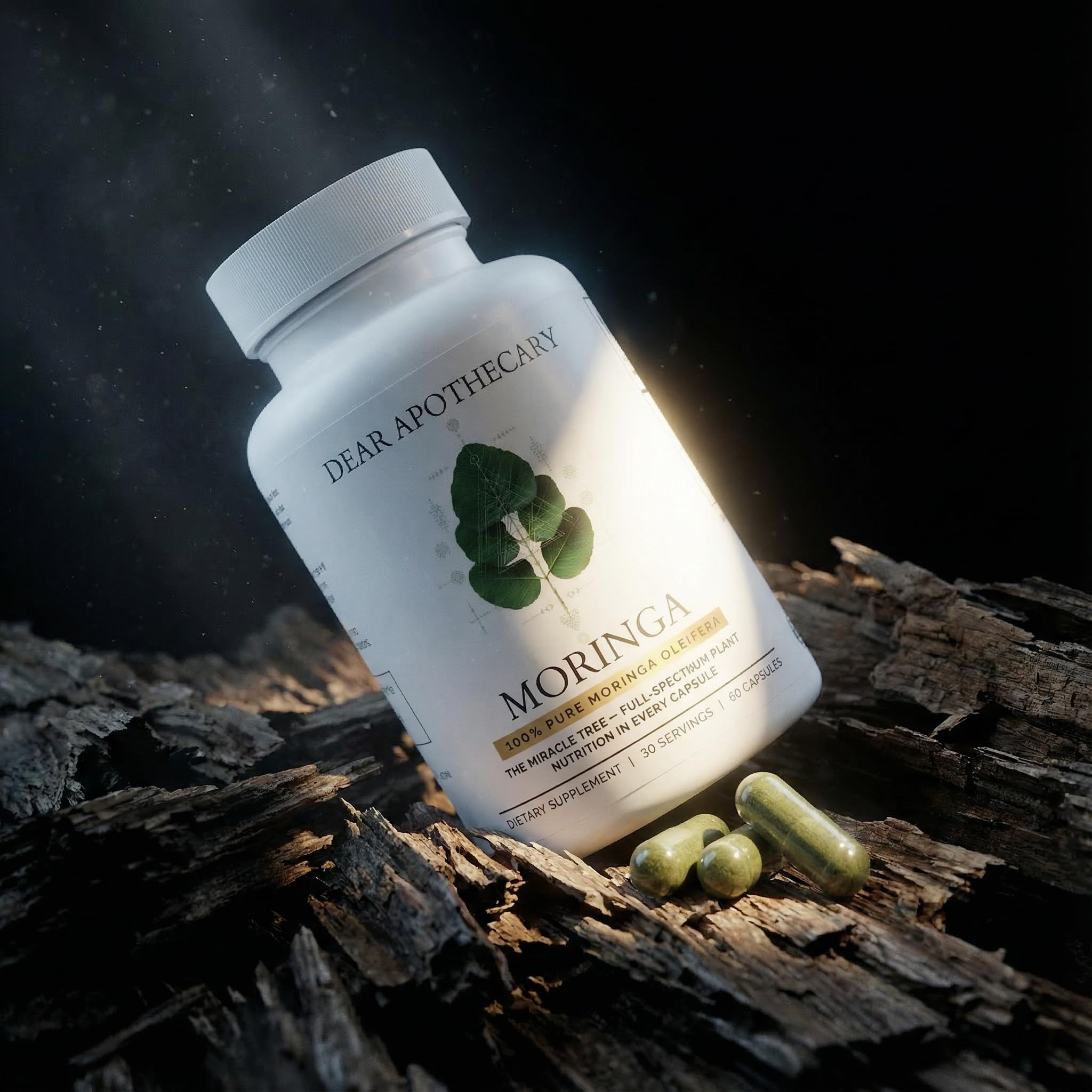 Dear Apothecary Moringa label detail emphasizing purity and third-party testing