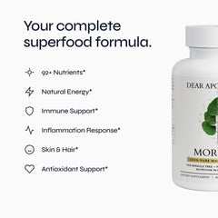 Dear Apothecary Moringa leaf powder closeup highlighting nutrient-dense Moringa content