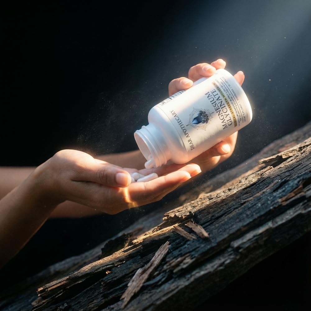 Vegan, non-GMO, gluten-free label on Dear Apothecary magnesium glycinate packaging.