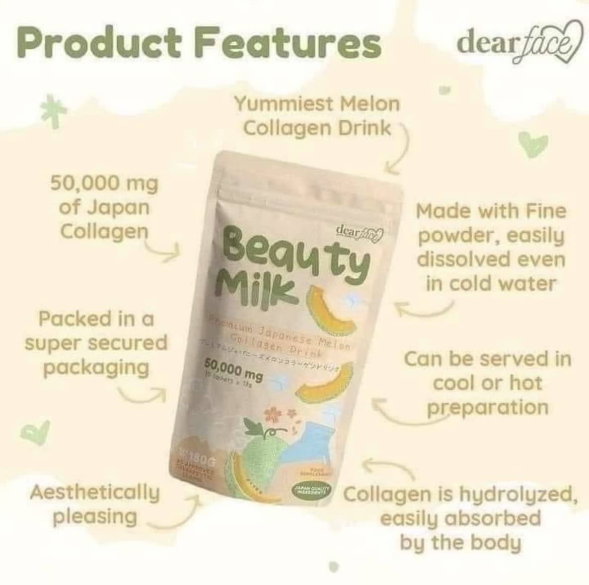 Dear Face Beauty Milk Collagen sachets close-up emphasizes portable serving options.