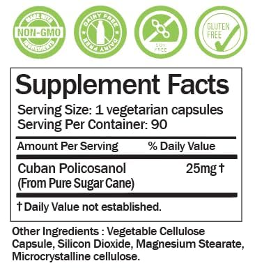 Close-up of Dear Nature Policosanol capsules showing 25 mg per capsule
