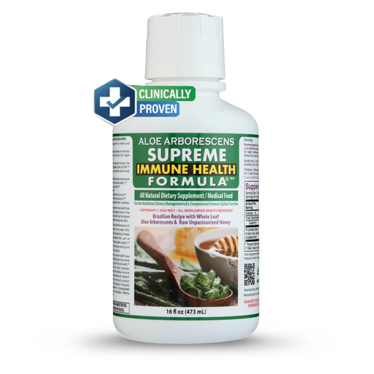 Deca Aloe Arborescens US Supreme Immune Health bottle with honey drizzle supports wellness.